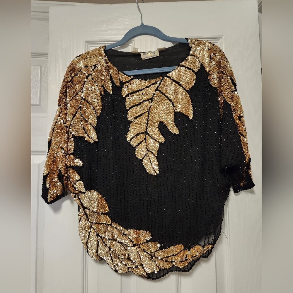 Vintage Oleg Cassini Sequin Bead Silk Scalloped Hem Blouse Formal Top VTG Small